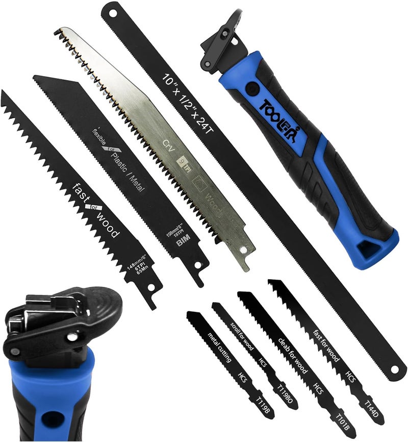 TOOLAN 8-In-1 Multi Blades Hand Saw, Drywall Cutter. Hacksaw. Long Blade, Jab Saw, For Cutting Drywall, Sheetrock, Wood, Metel, Plastic, Plywood. Blade Quick Change Mechanism. Blue Handle - Image 1
